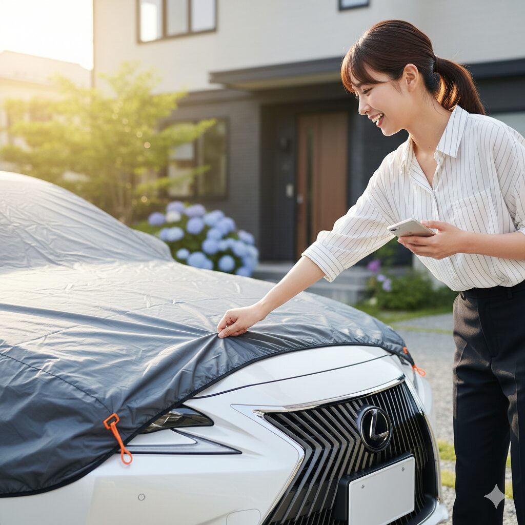 カーカバーを外す女性