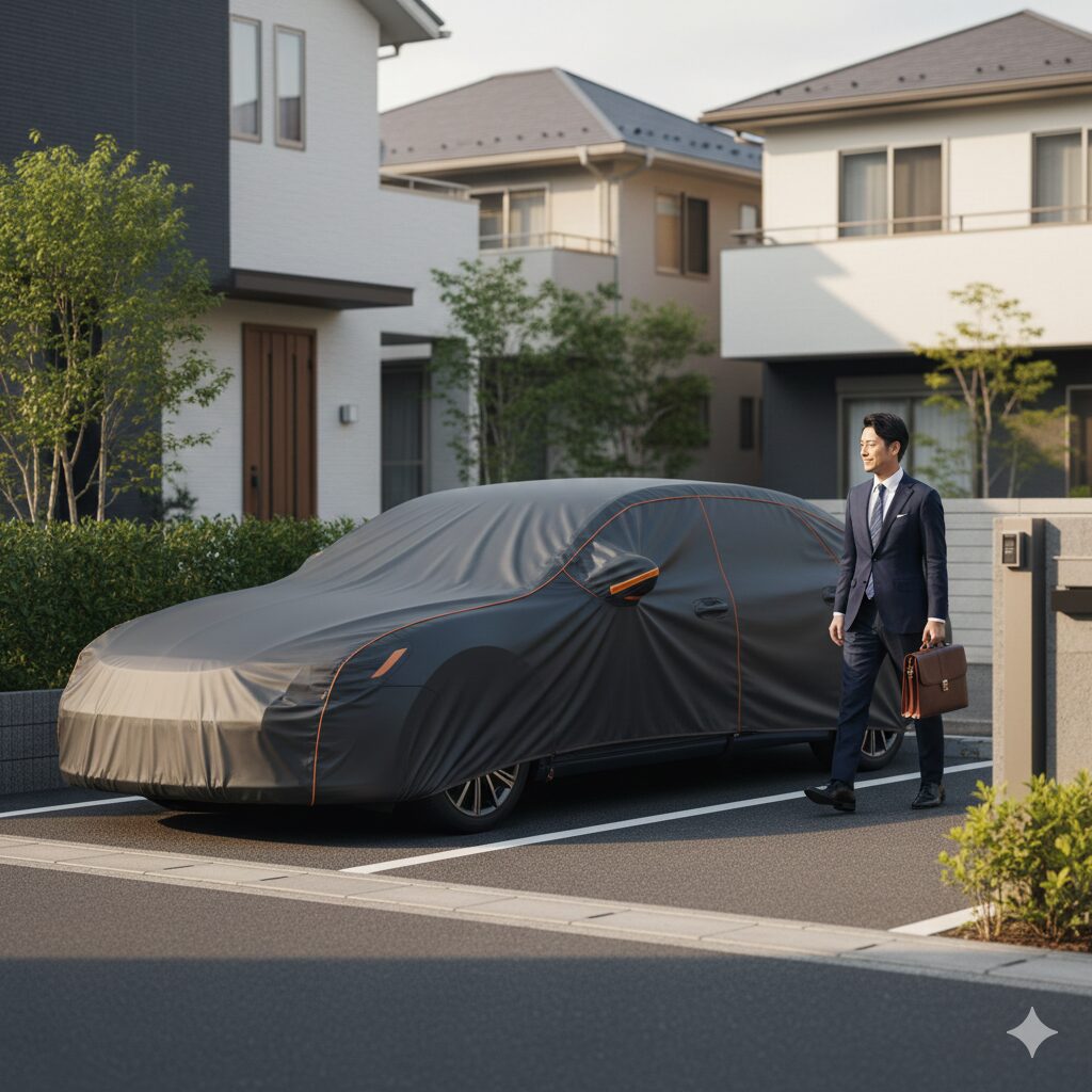 戸建ての庭先に止めたカーカバーのかけられた車