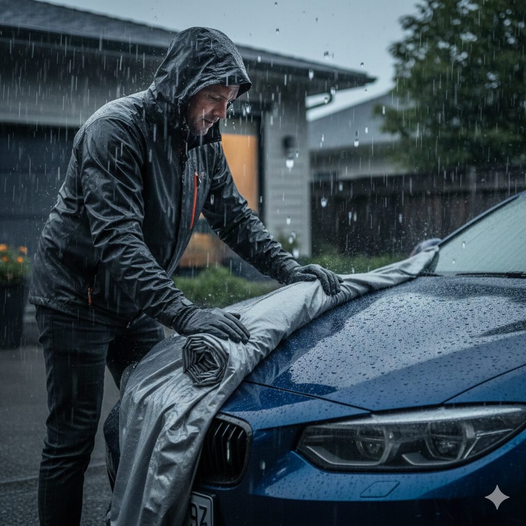雨の日にレインコートを着てカーカバーを外す男