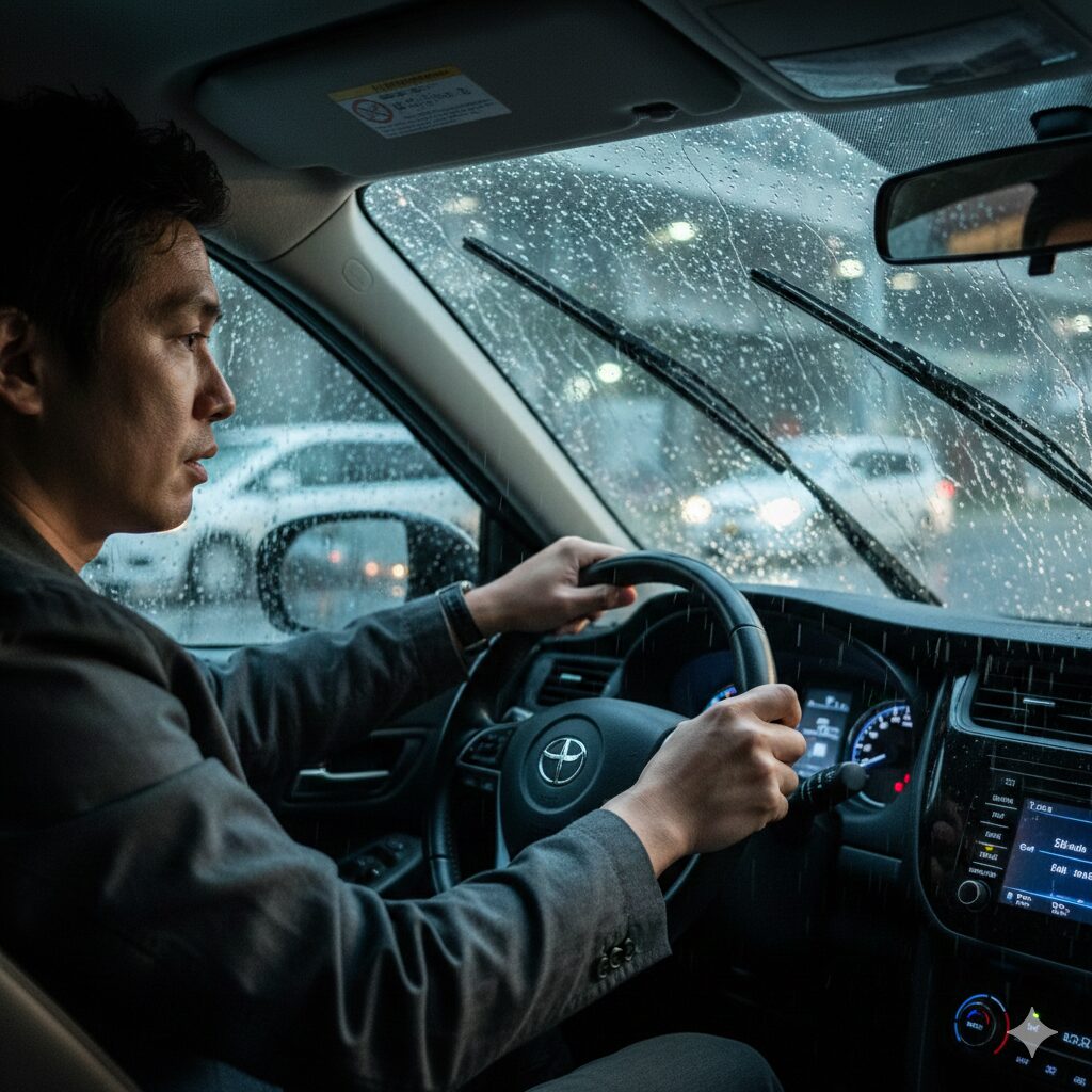 豪雨の中運転する男