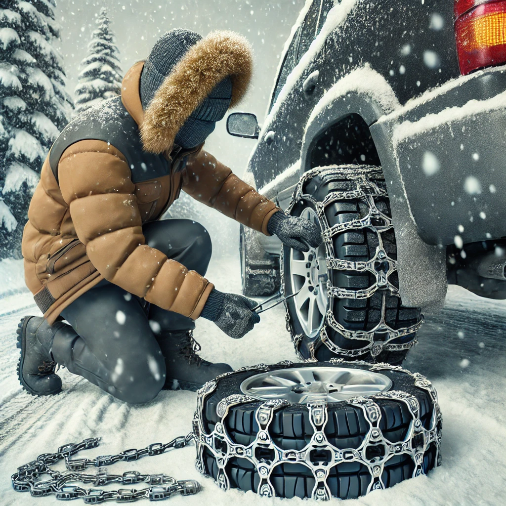 路上でチェーンを装着している