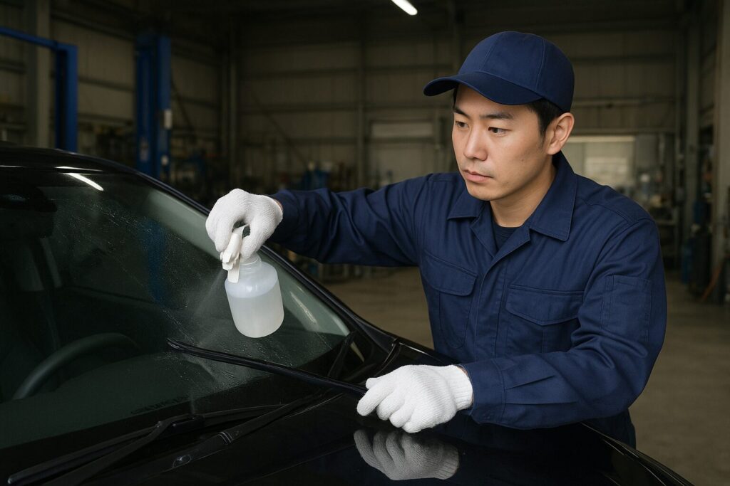 フロントガラスに油膜除去剤をスプレーする