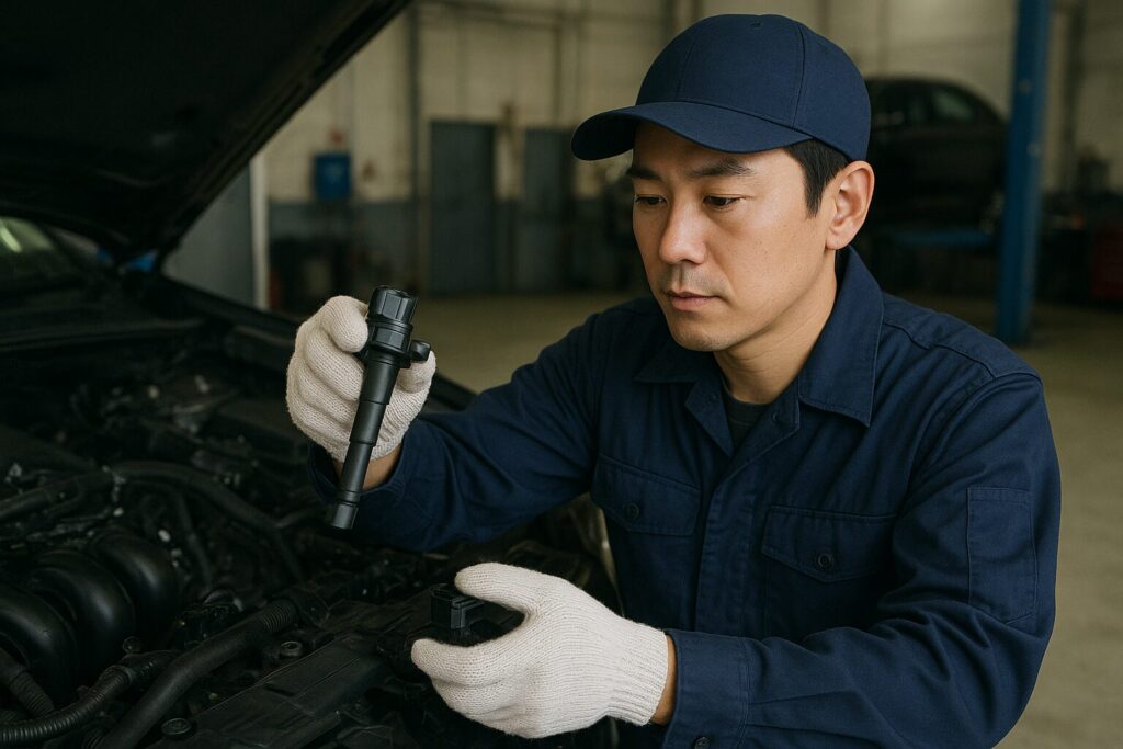 インジェクションを点検する整備士