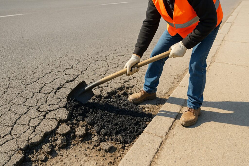 アスファルトの割れを補修する作業員