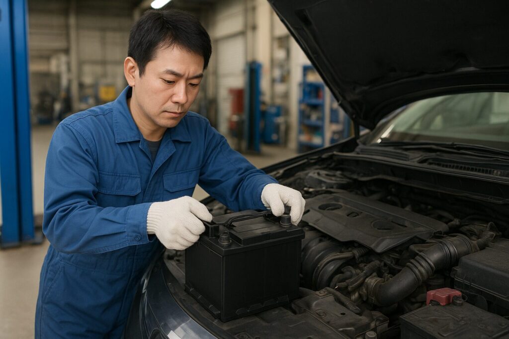 古いバッテリーを取り出す整備士