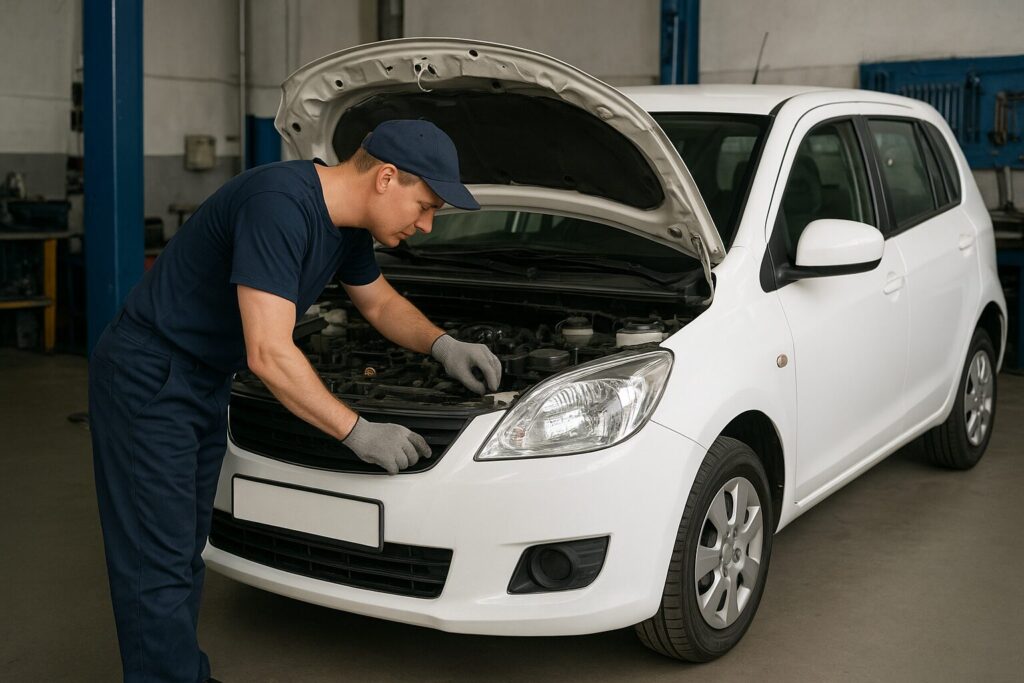 モノコックボディを点検する整備士