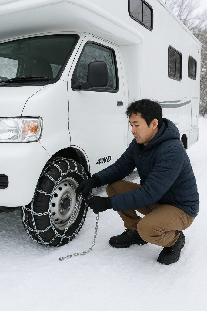 雪の中車の前輪にチェーンを巻く男