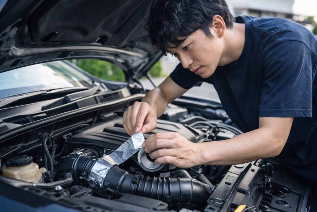 エンジンルーム内の吸気ダクトにアルミテープを貼る男