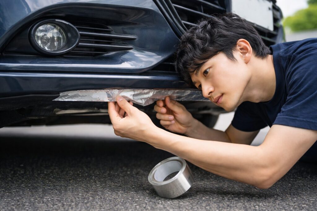 アルミテープをフロントバンパーの底部に貼る男