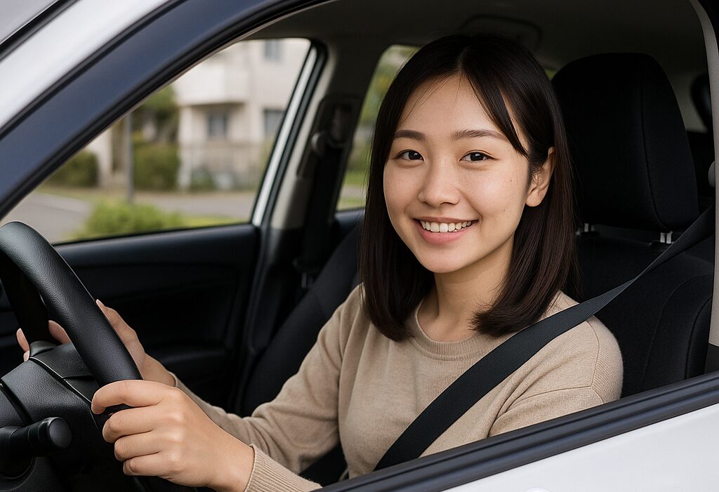 お気に入りの車を運転してにこやかな女性