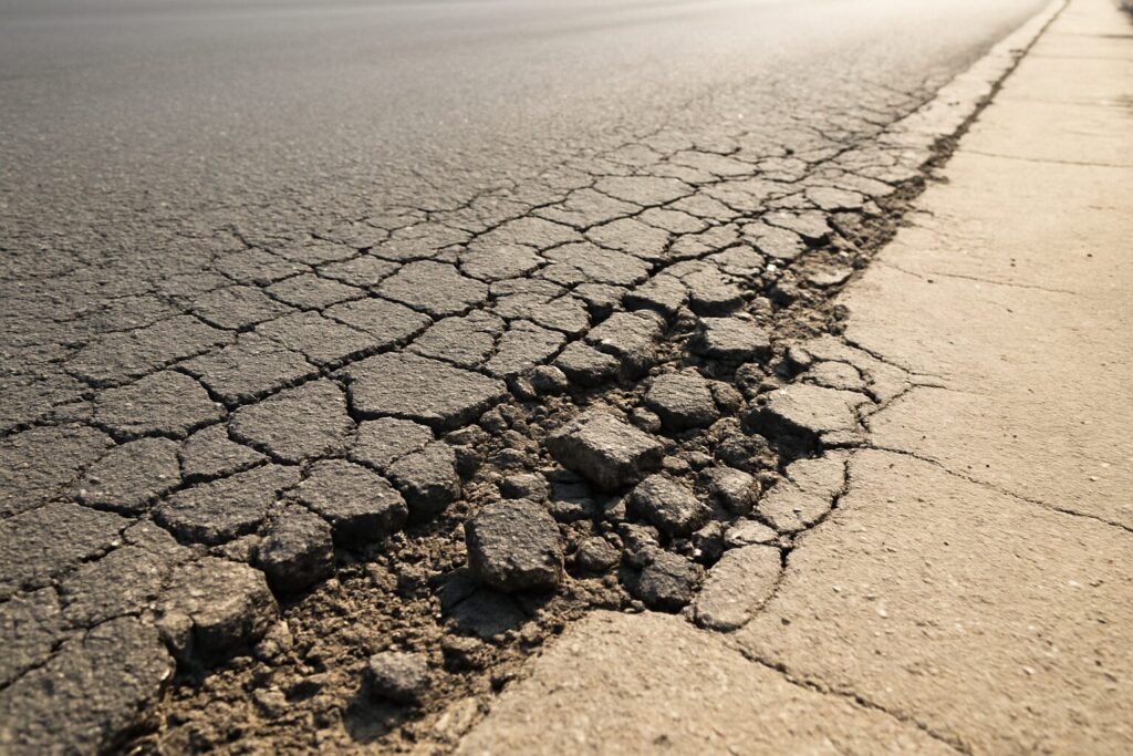 アスファルトの端しがひび割れている状態