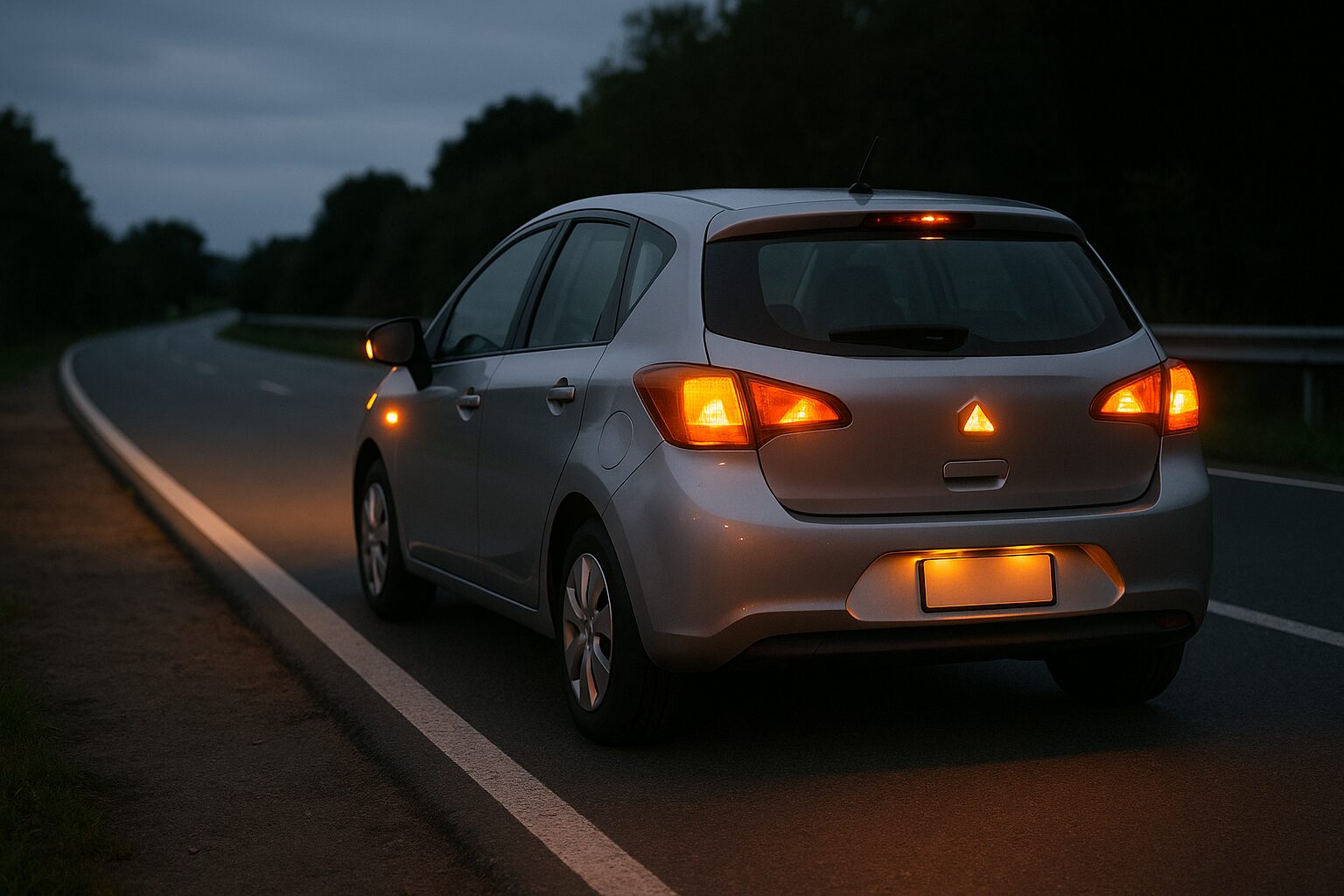 夜、道路左に寄せる車