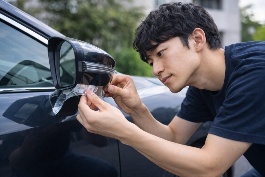 ドアミラーの底部にアルミテープを貼る男