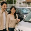 自動車販売店で軽自動車を選ぶ若いカップル