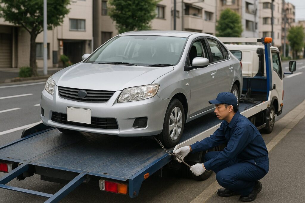 故障して積載車に載せられる車