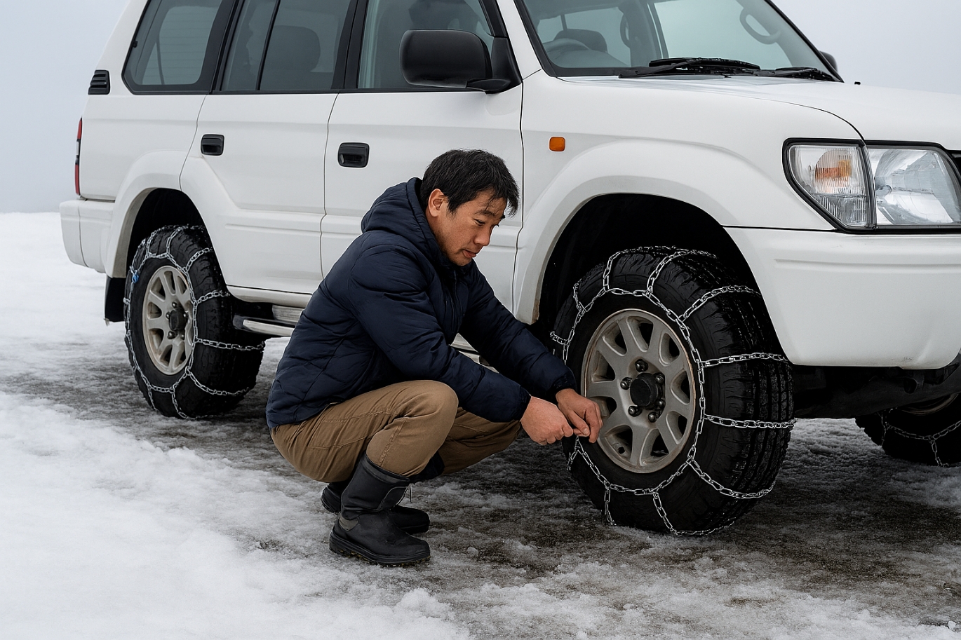 4wdのRV車の4輪にチェーンを装着する男
