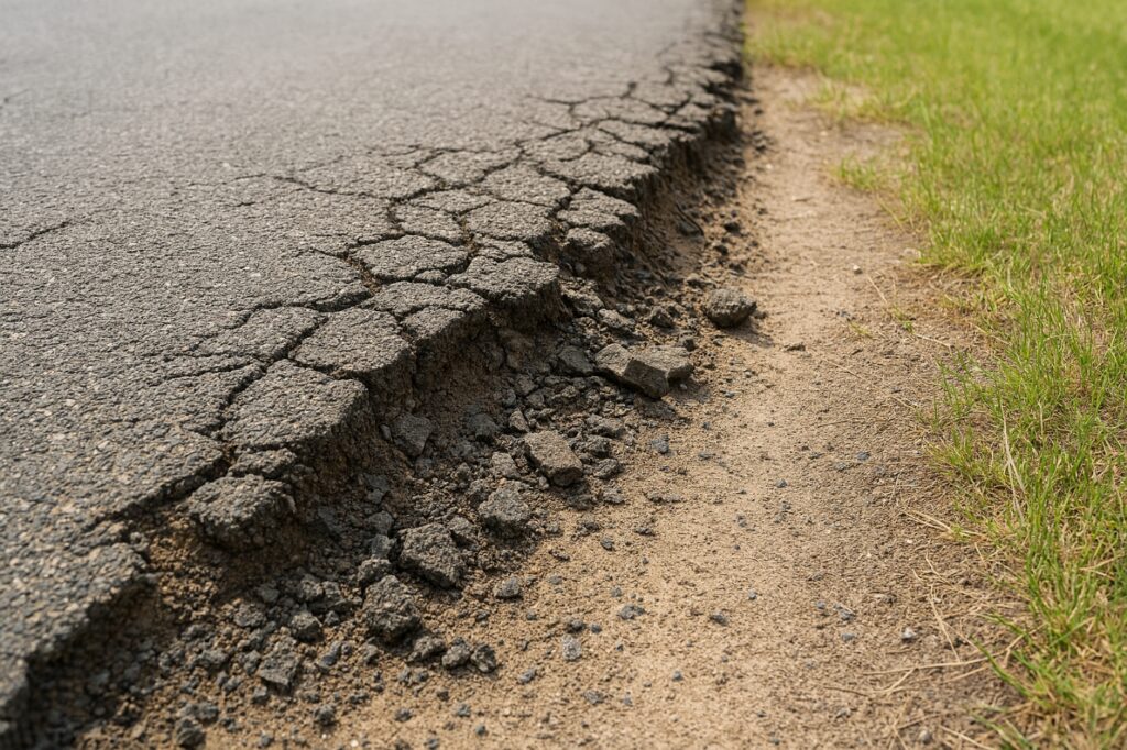 道路の端がひび割れて劣化している