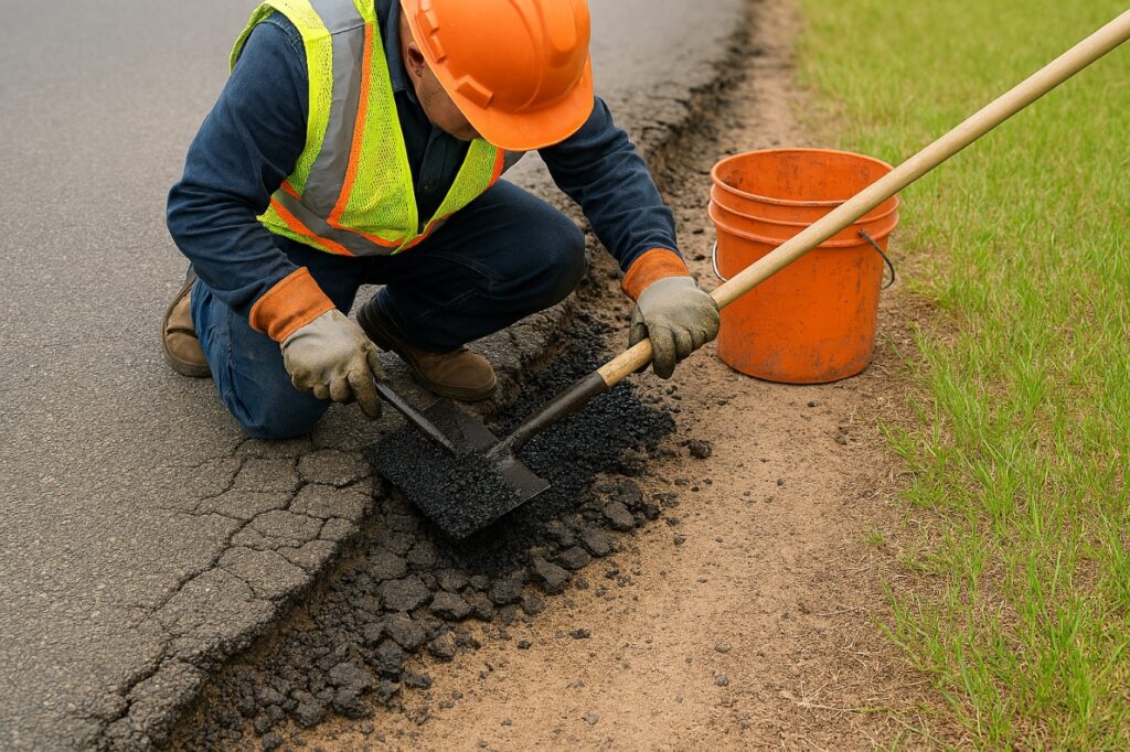 道路のアスファルトを修繕する男