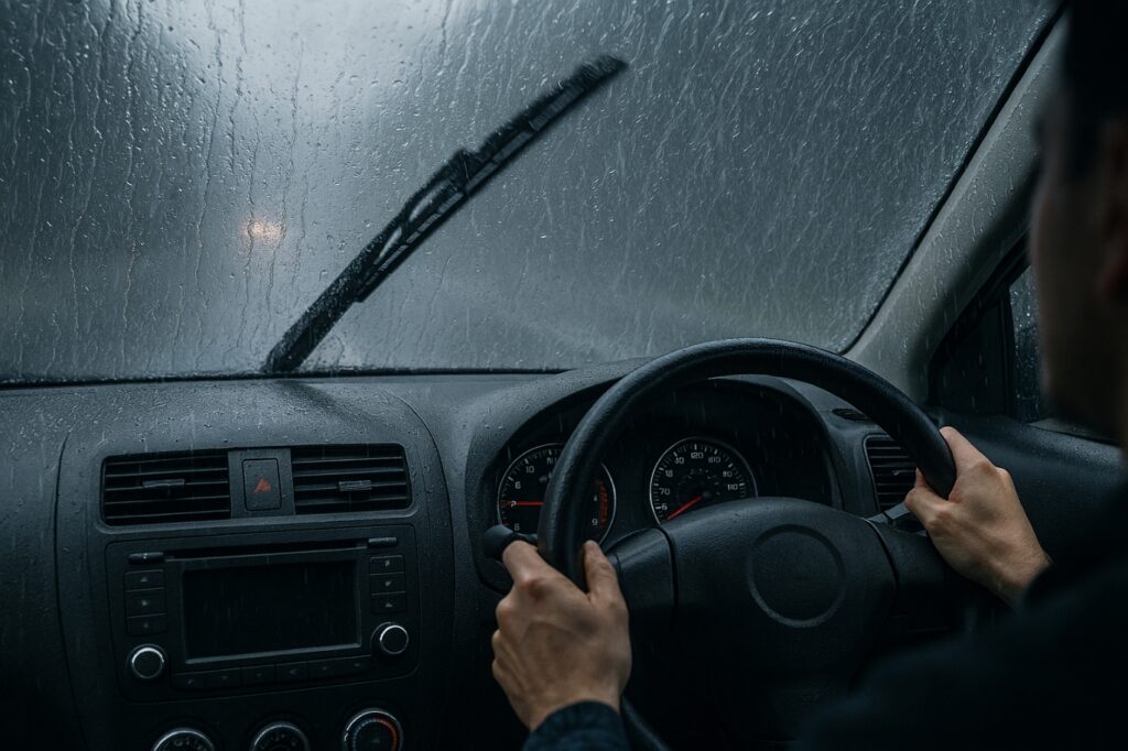 豪雨の中運転する