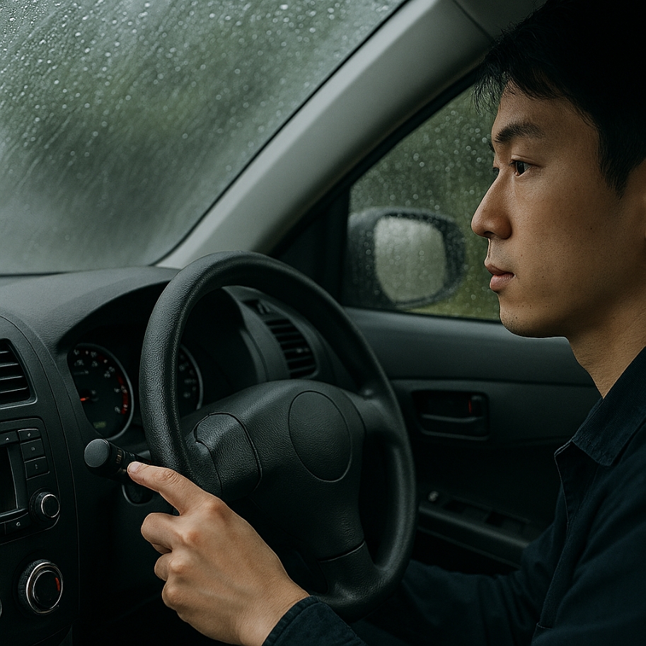 ワイパーレバーを操作する男