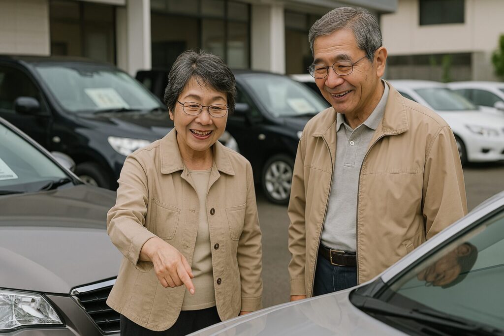 中古車屋で車を選ぶ老夫婦