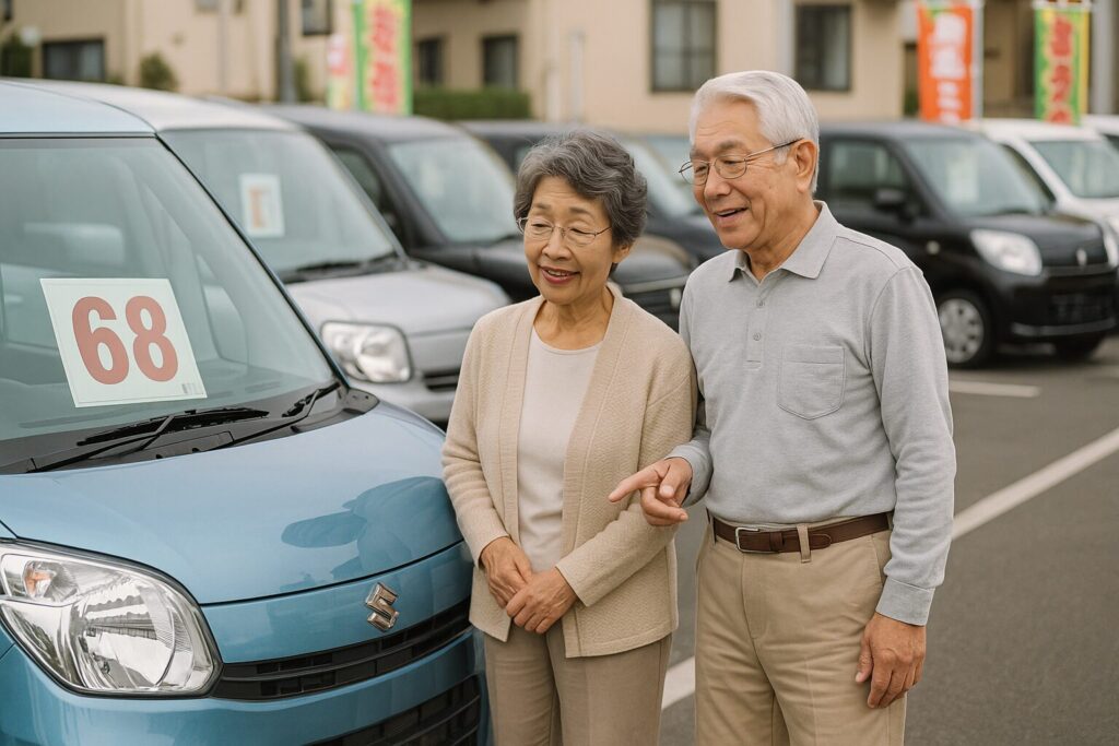 中古車の前の老夫婦