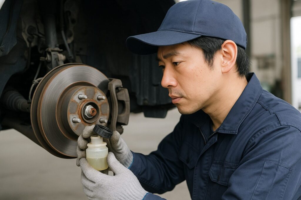 ディスクブレーキを点検する整備士
