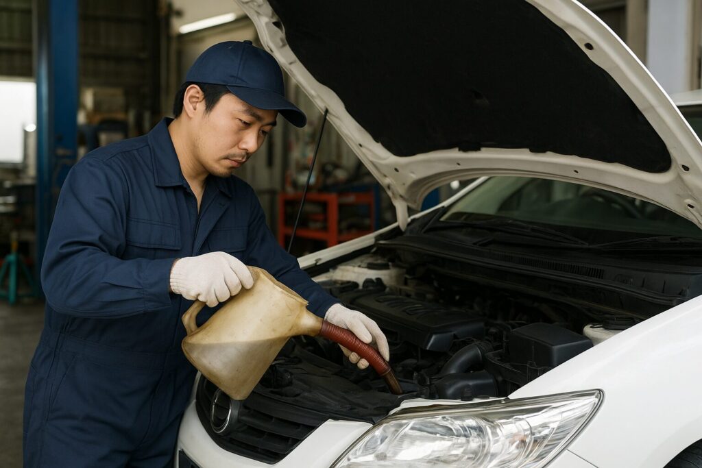 新しいオイルをエンジンに注入する