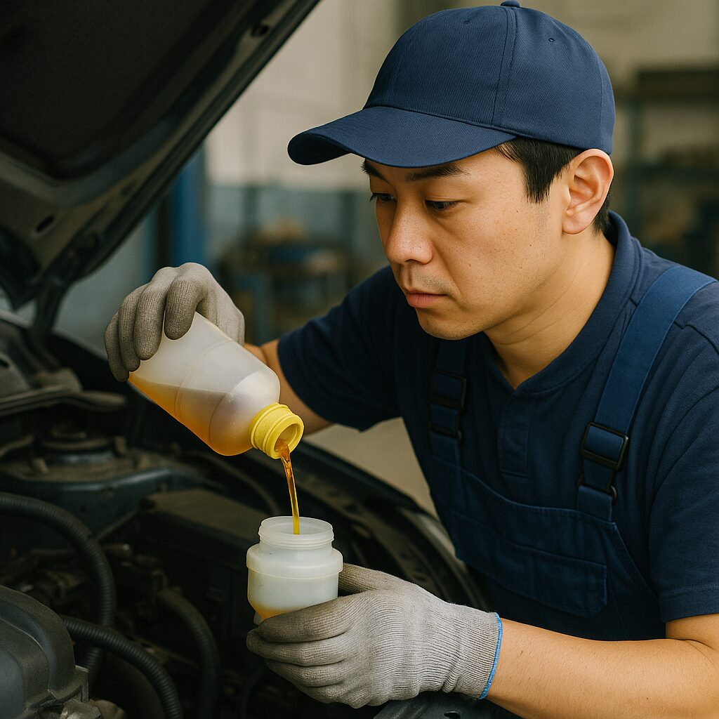 ブレーキオイルの交換をする整備士