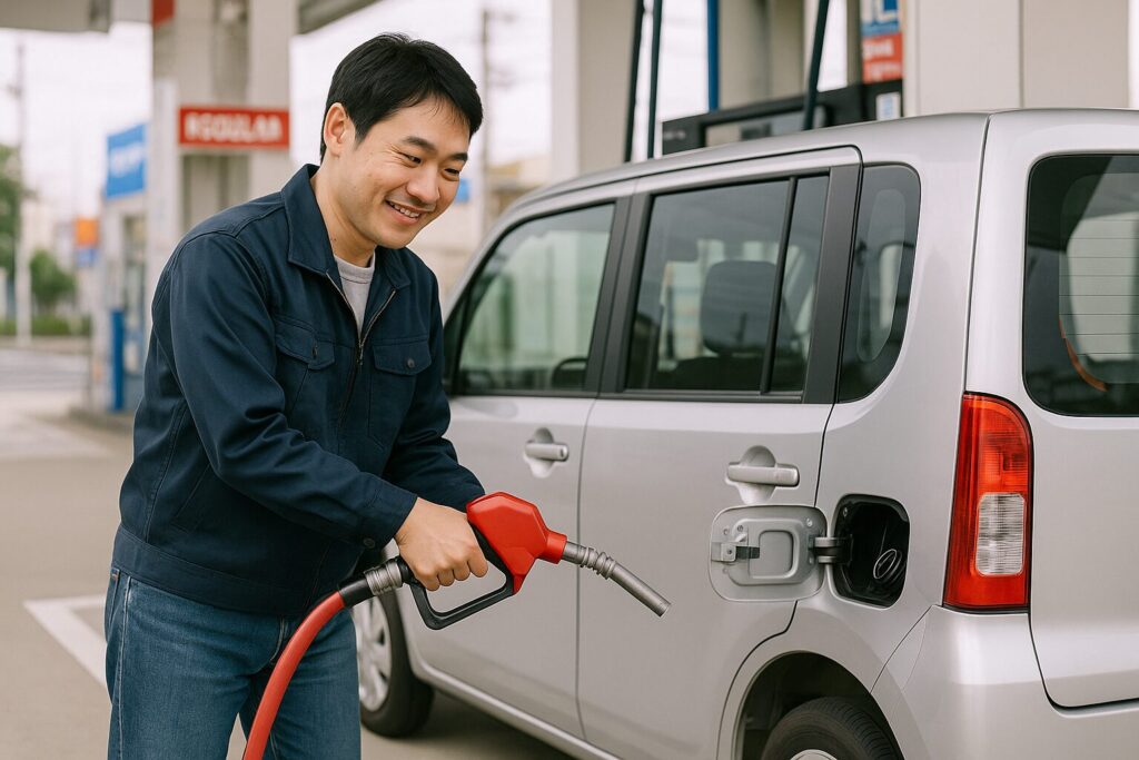 軽自動車に給油する男