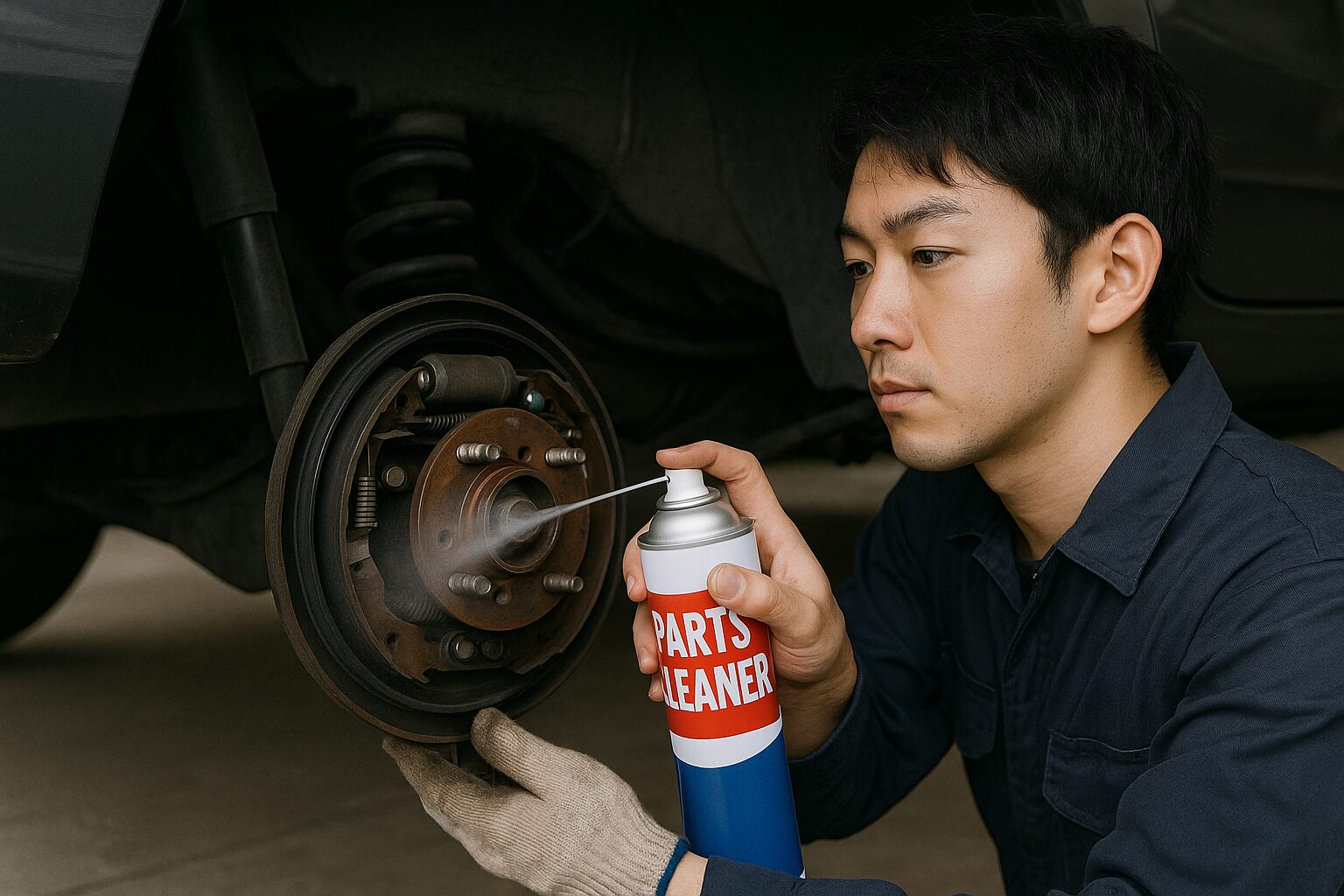 パーツクリーナーをブレーキに吹きかけて整備する男