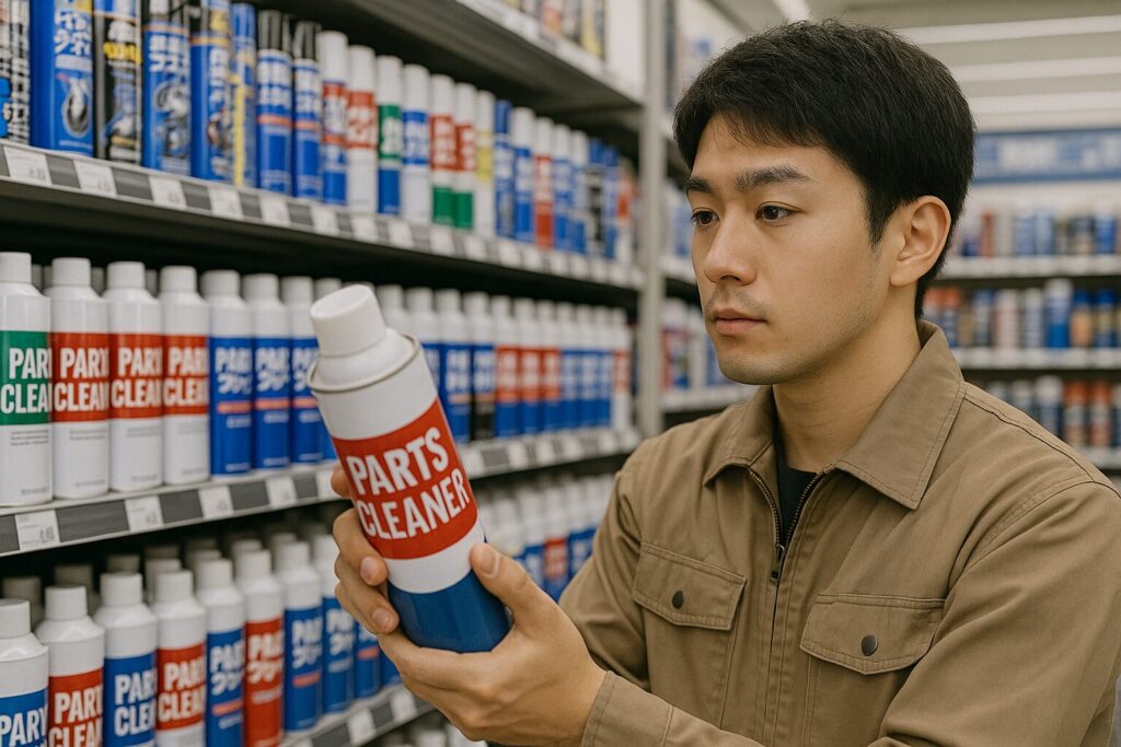 カー用品店でパーツクリーナーを選ぶ男