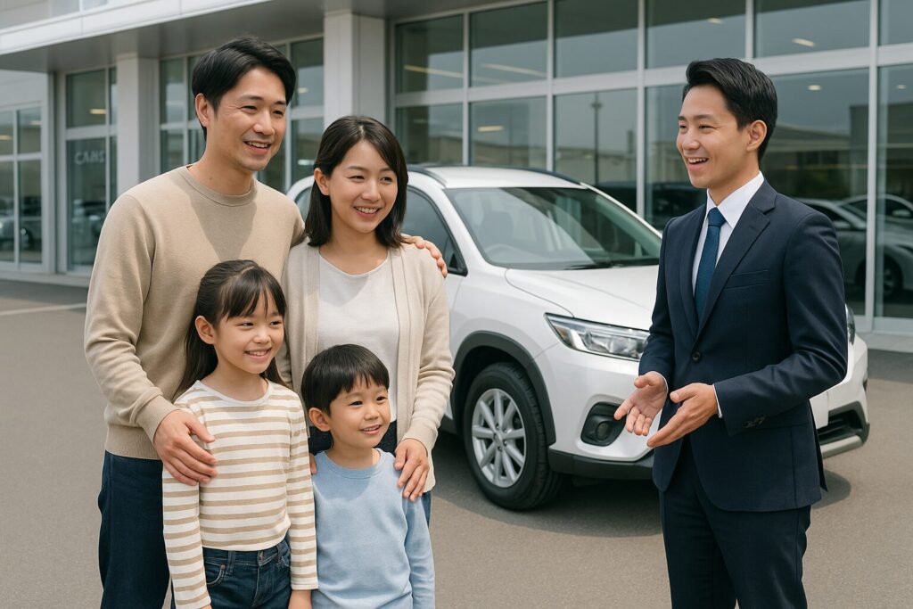 自動車の営業マンと話す子連れ家族