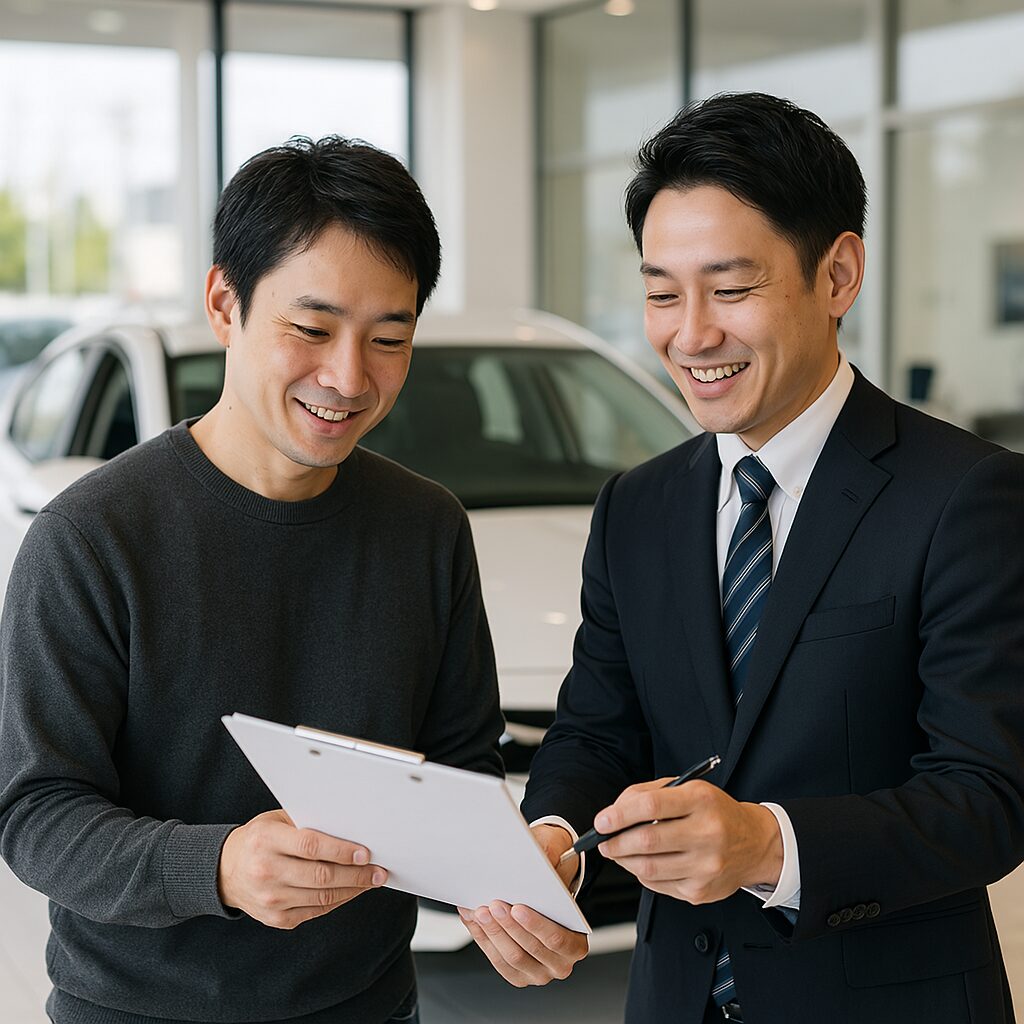 自動車の営業マンから説明を受ける購入者