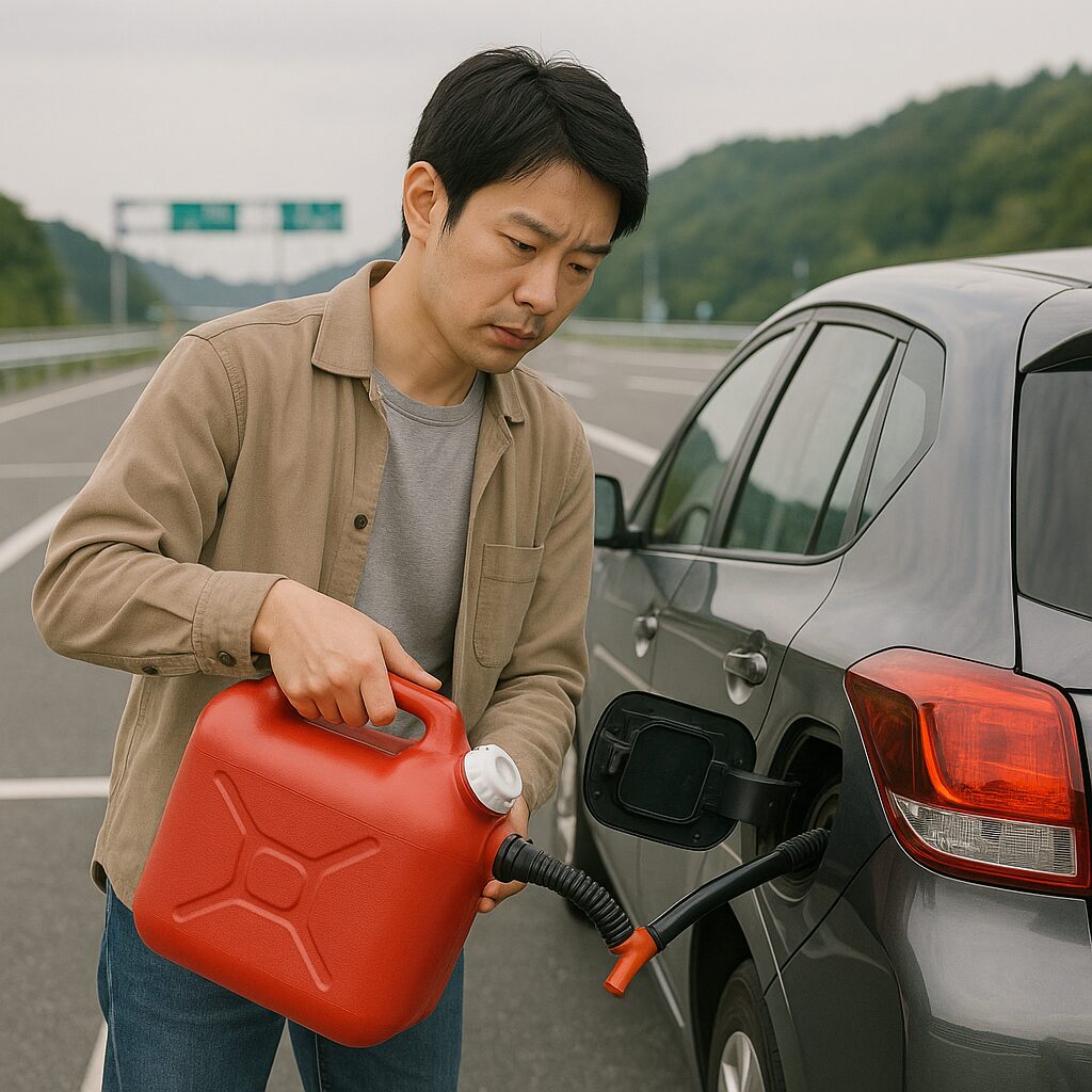 高速道路のPAでガス欠して、携行缶からガソリンを入れる男