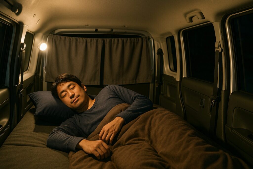 軽バンで車中泊をする男