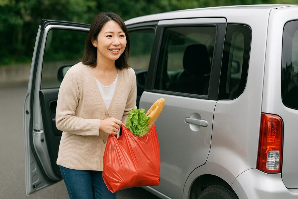 買い物から戻って軽自動車に乗り込む女性