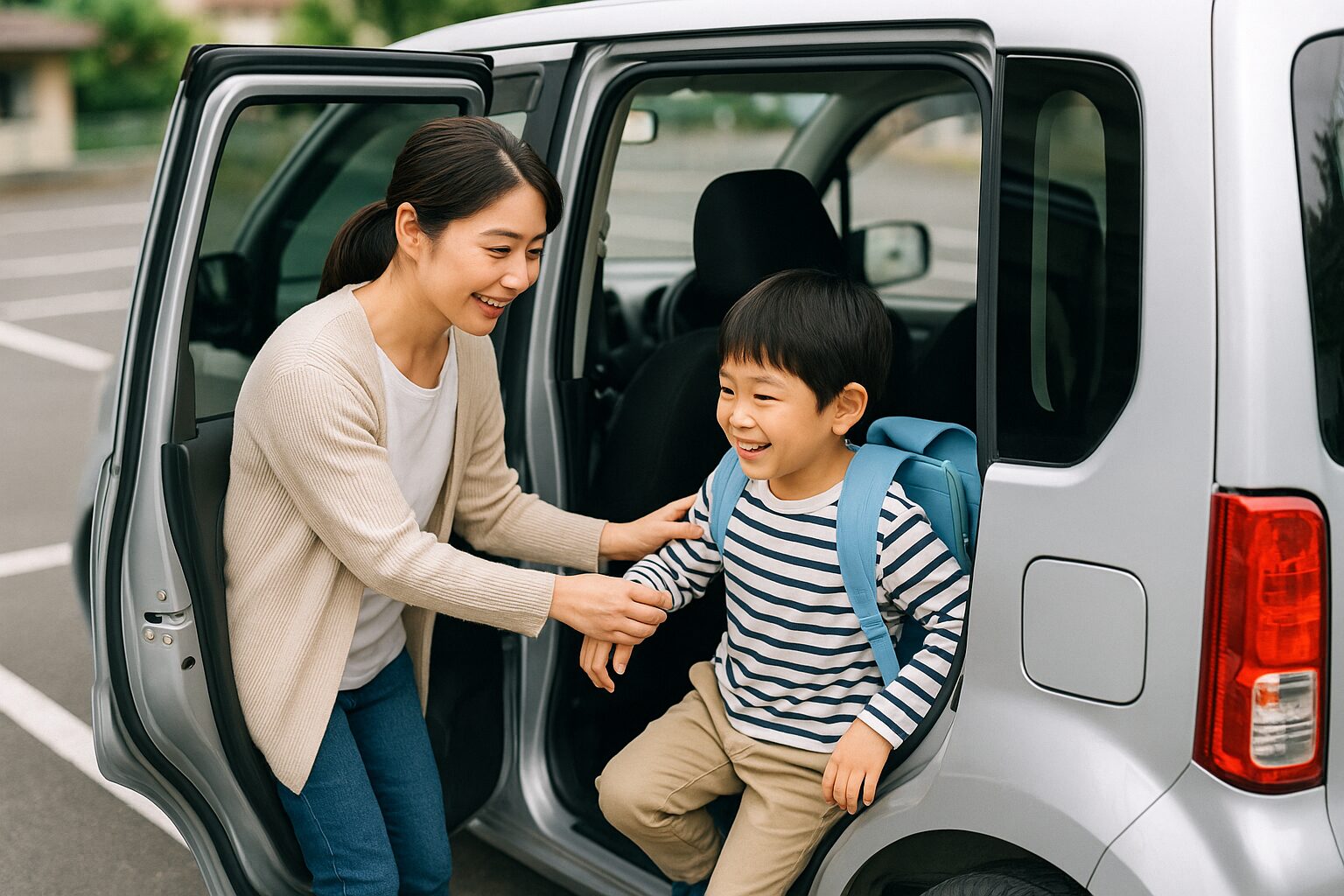 子供を軽自動車から降ろす母親