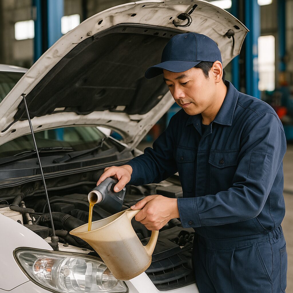 エンジンオイルをボトルから注入器に入れている
