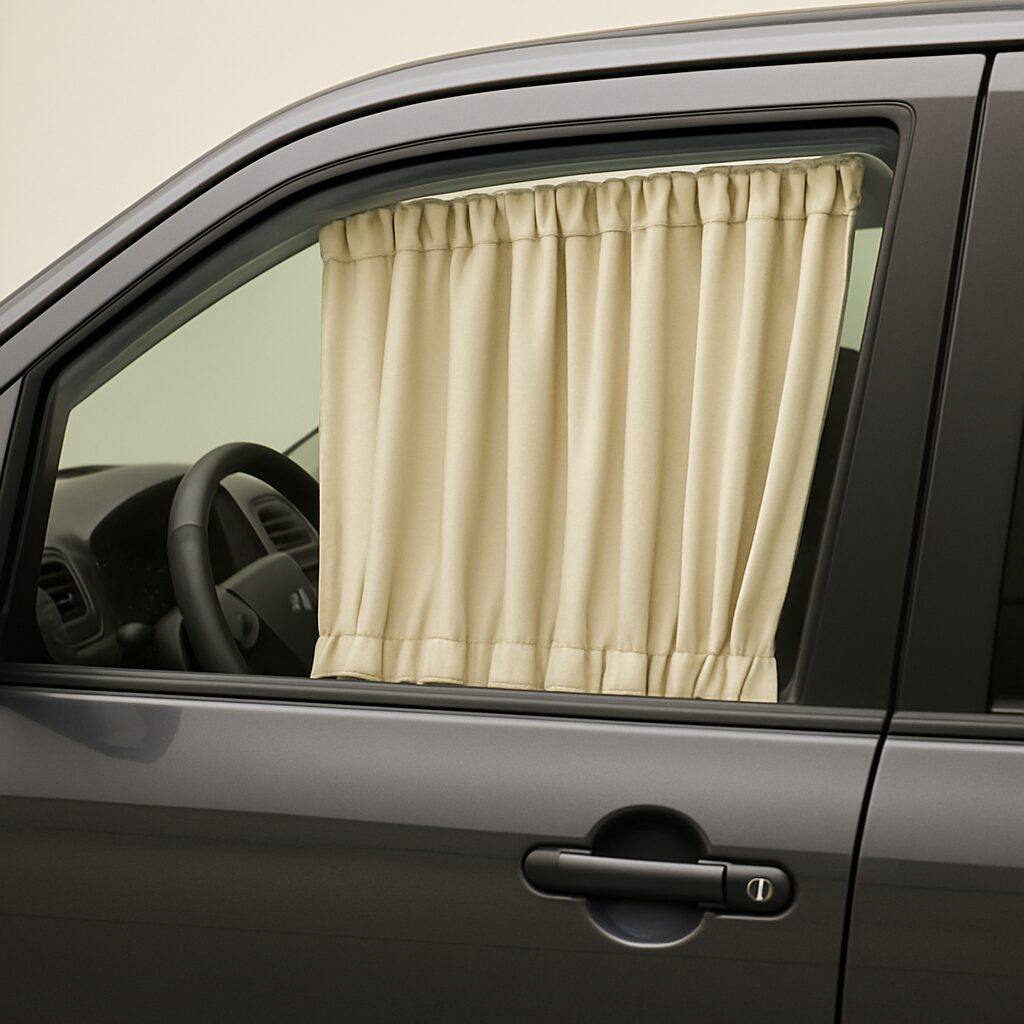 自動車の運転席窓にカーテンがかかっている