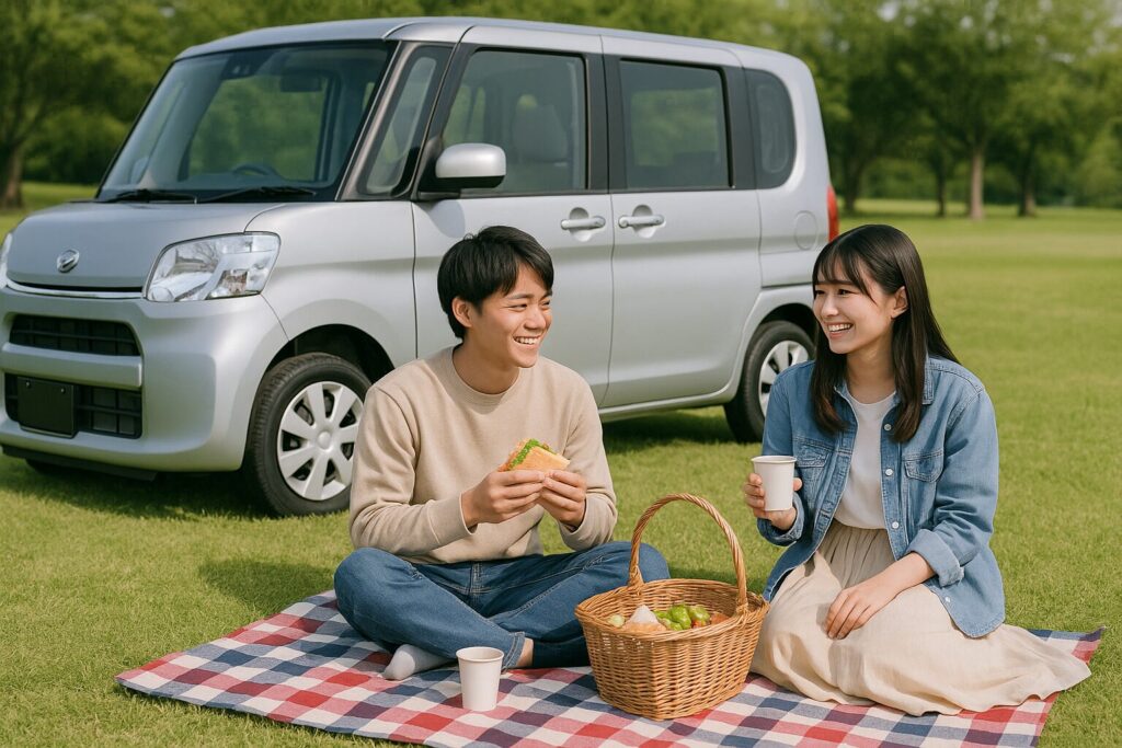 軽自動車の前の芝生でピクニックをするカップル
