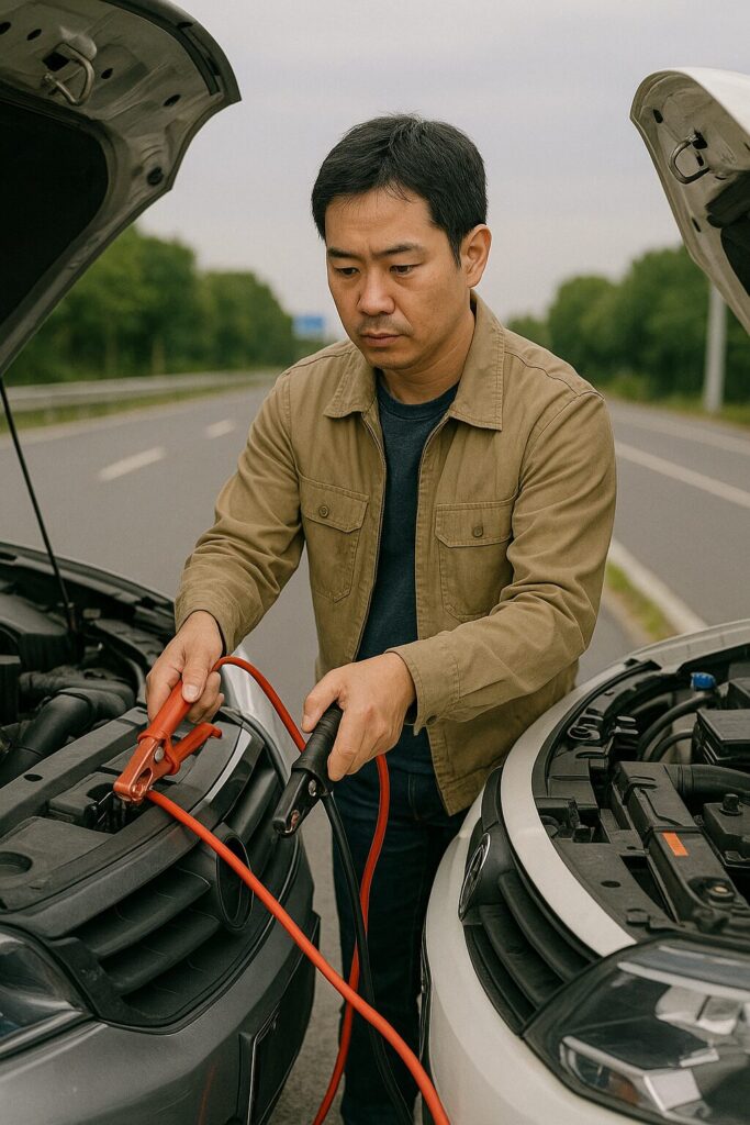 バッテリーが上がってしまって救援車にケーブルをつなぐ