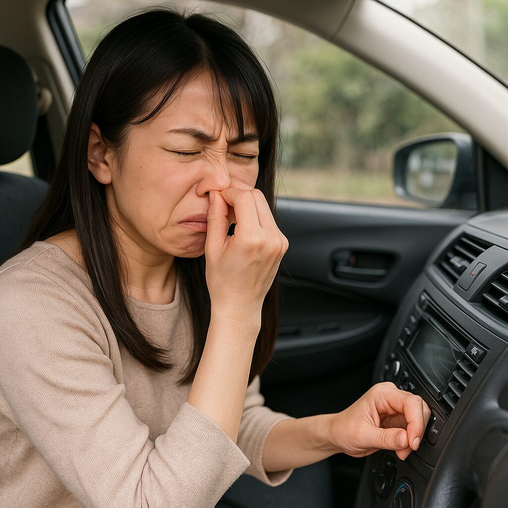 車内のエア・コンから異臭がして、思わず鼻をつまむ女性