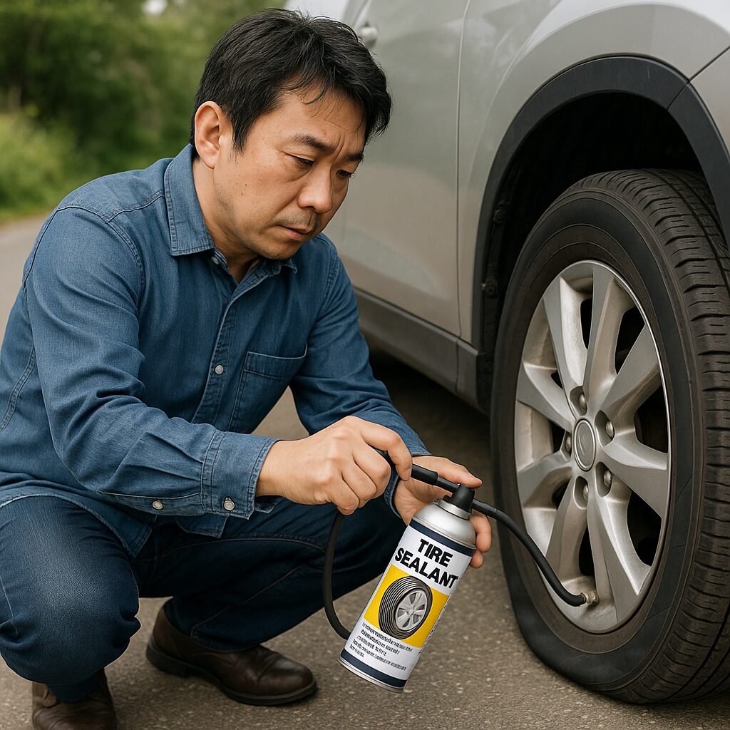 パンク修理液をタイヤに注入している