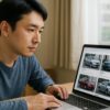 ネット中古販売店をPCで見る男