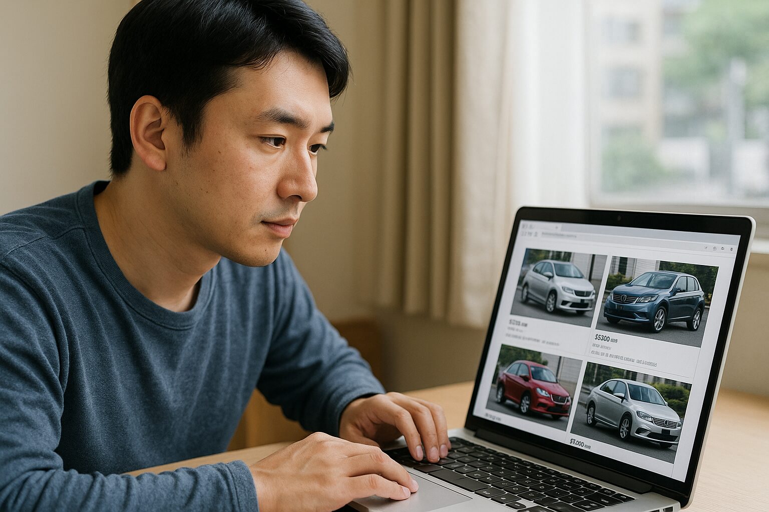 ネット中古販売店をPCで見る男