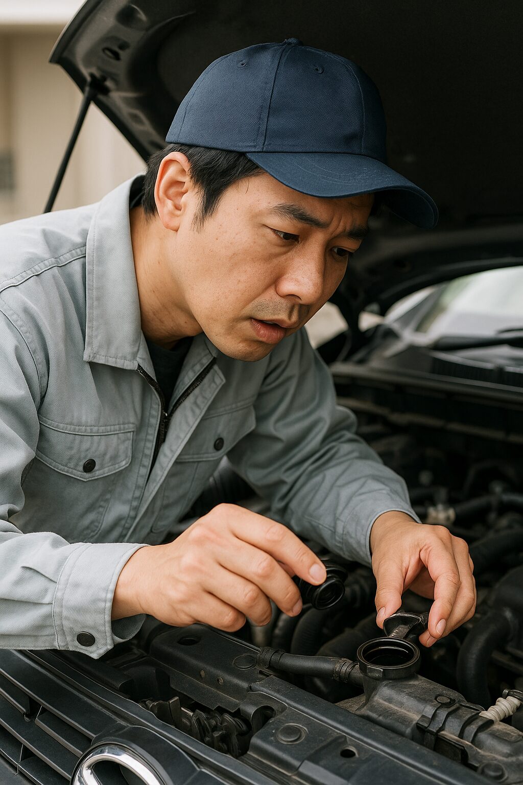 ラジエーターキャップを開けて中を確認する整備士