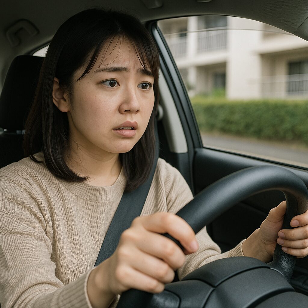 不安そうな顔で運転している女