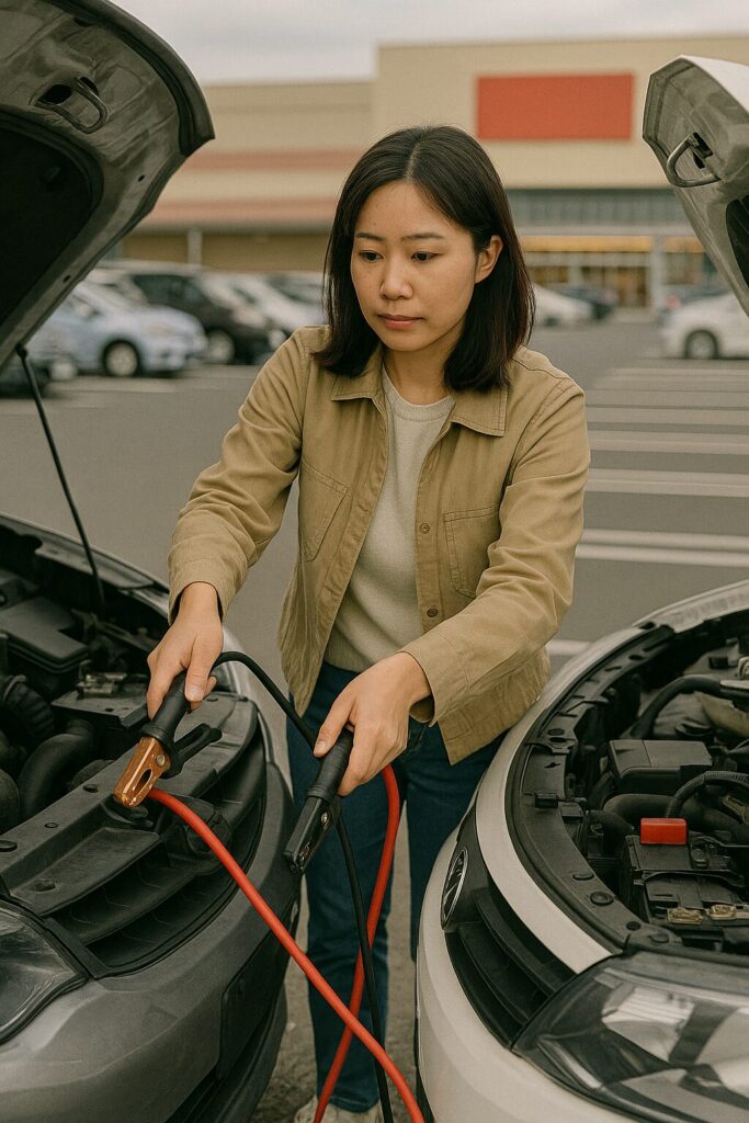 スーパーの駐車場でバッテリー上がりの車にケーブルをつないで始動させる