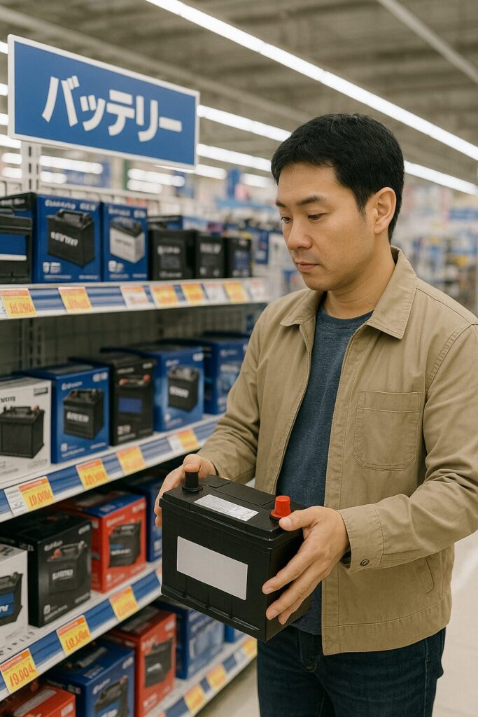 大手カー用品店でバッテリーを選ぶ男